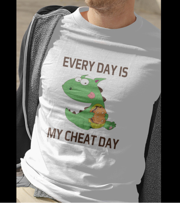 Every Day Is My Cheat Day Green Cartoon Dinosaur Holding Burger T-Shirt