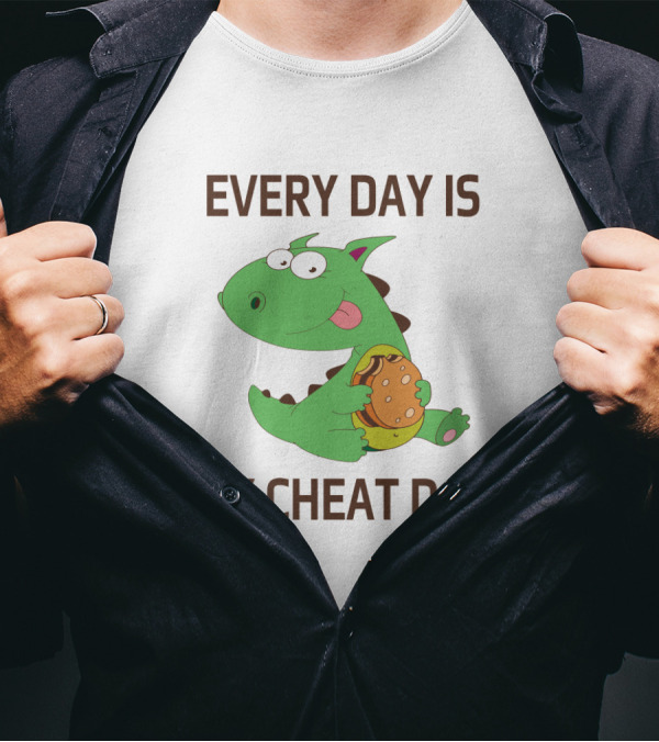 Every Day Is My Cheat Day Green Cartoon Dinosaur Holding Burger T-Shirt