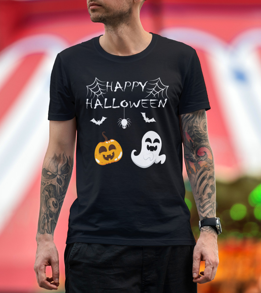 Happy Halloween Pumpkin Ghost with Spiders Bats and Webs T-Shirt