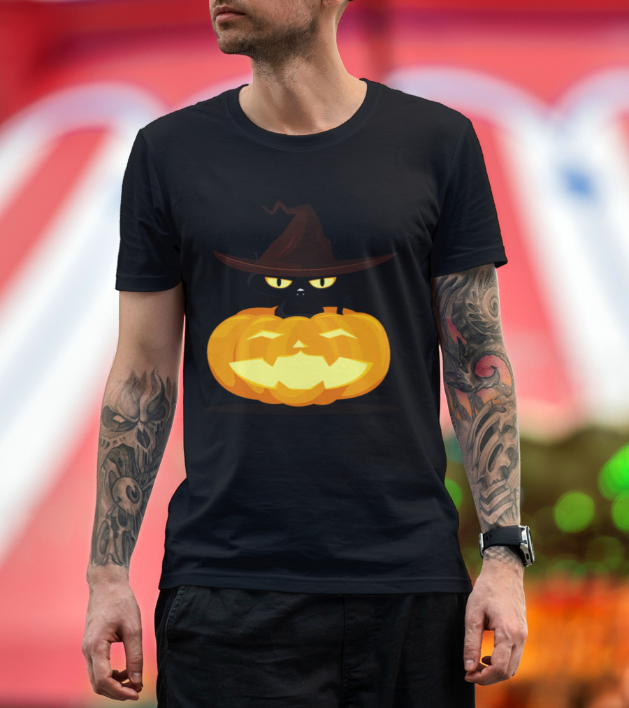 Black Cat in Witch Hat Inside Jack-o'-Lantern Pumpkin Halloween T-Shirt
