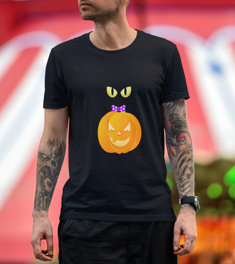 Black Cat with Purple Polka Dot Bow and Smiling Jack-O'-Lantern T-Shirt