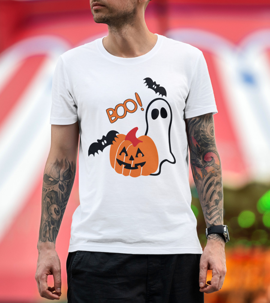 Boo Halloween Pumpkin Ghost and Bats T-Shirt