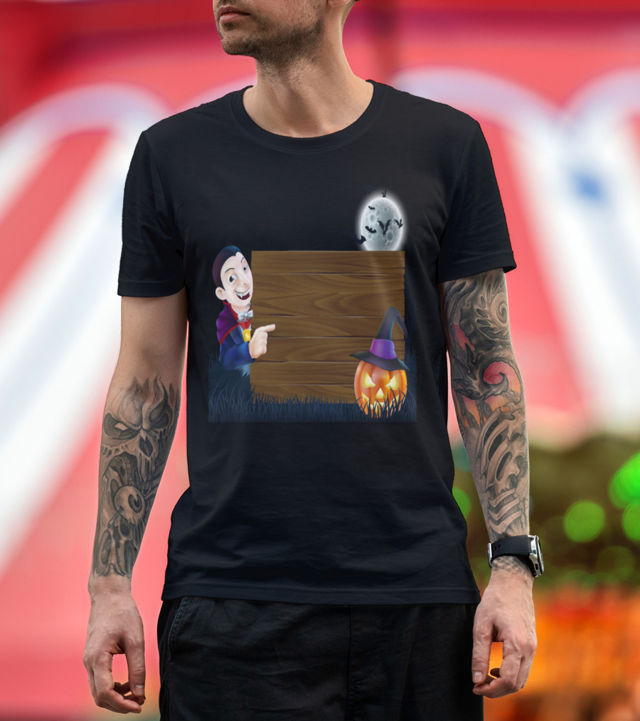 Halloween Vampire with Pumpkin and Bats Under Full Moon T-Shirt