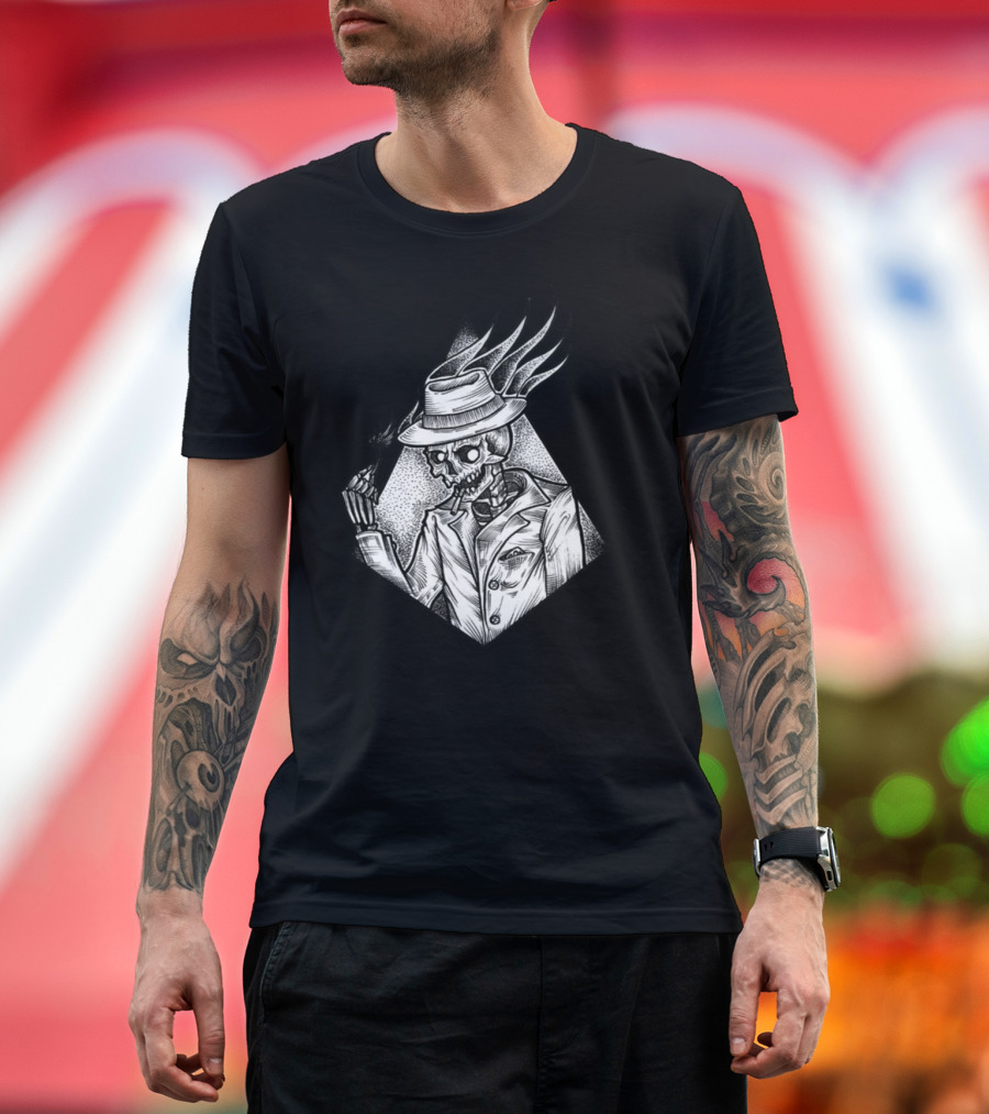 Retro Skeleton Smoking Fedora Gangster T-Shirt