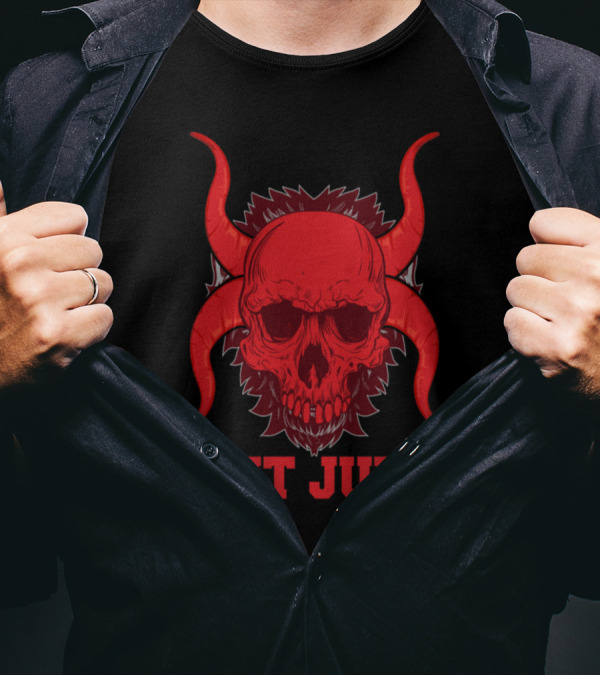 DONT JUDGE Red Horned Skeleton Skull T-Shirt