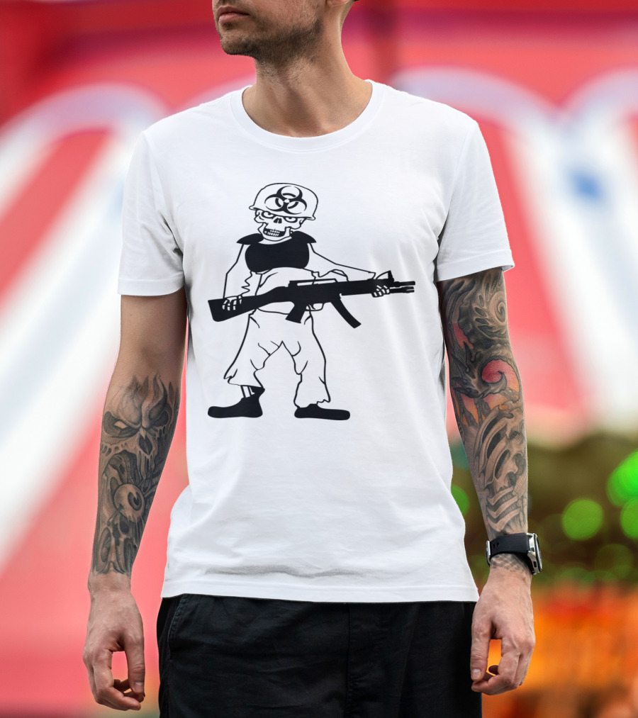 Horror Zombie Soldier Skeleton with Biohazard Army Helmet and Gun T-Shirt