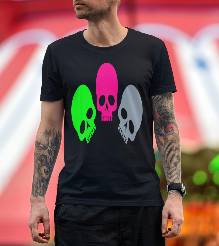 Three Skulls Neon Green Pink Grey T-Shirt