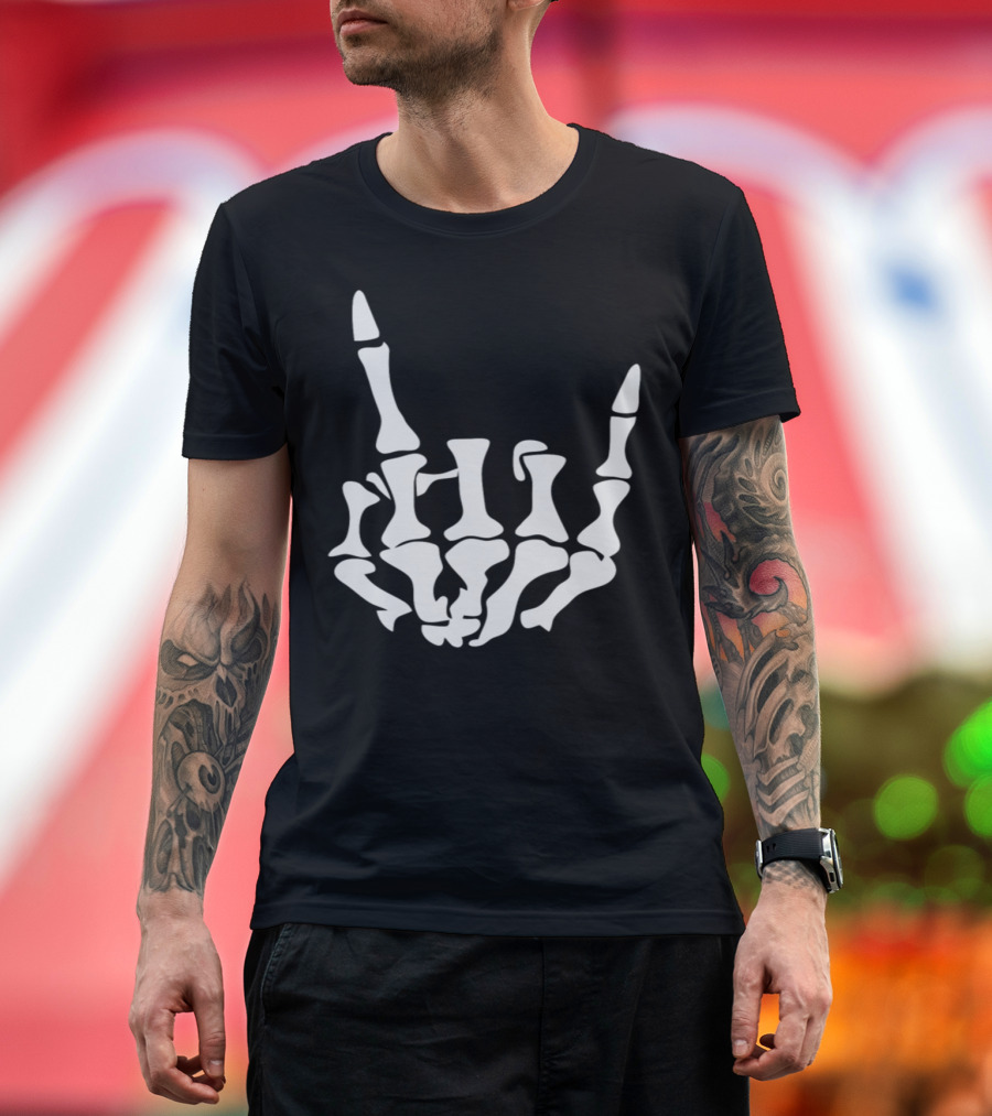 Rock Heavy Metal Skeleton Hand Gesture T-Shirt
