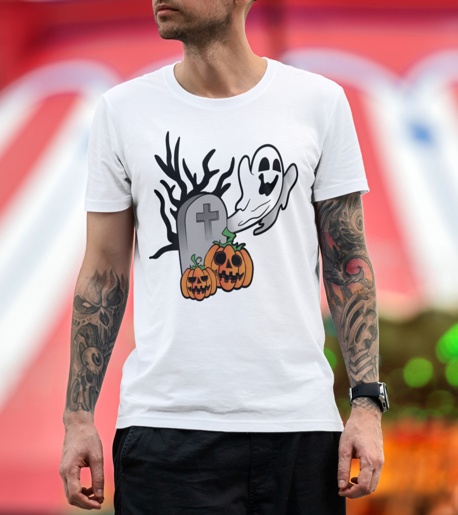Ghostly Halloween Pumpkins and Scary Grave Stone Fright T-Shirt