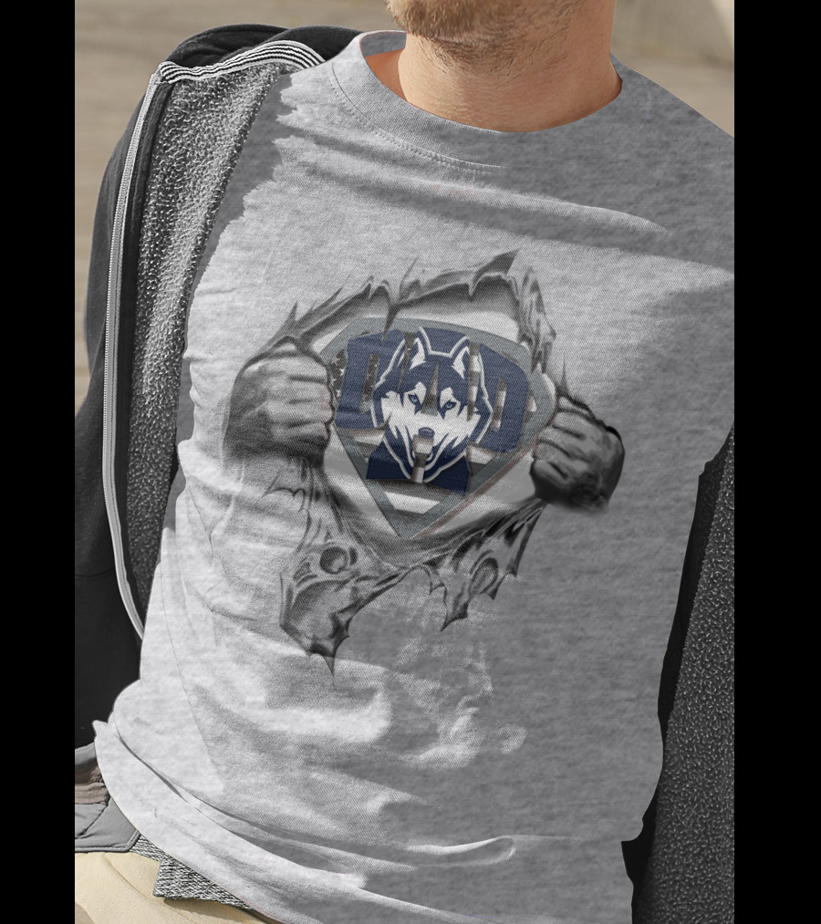 Superdad Connecticut Huskies Wolf Logo Superman T-Shirt