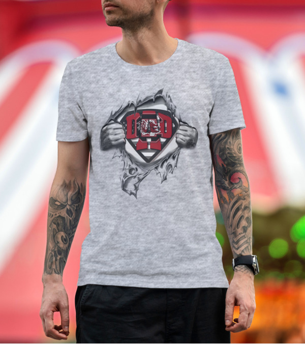 Premium T-Shirt: SUPERDAD SOUTH CAROLINA GAMECOCKS DAD EMBLEM PULLING OPEN T-Shirt SUPERDAD SOUTH CAROLINA GAMECOCKS DAD EMBLEM PULLING OPEN T-Shirt