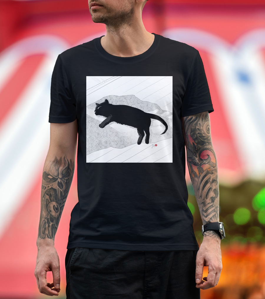 Silent Black Cat Sunbathing on Patterned Rug T-Shirt