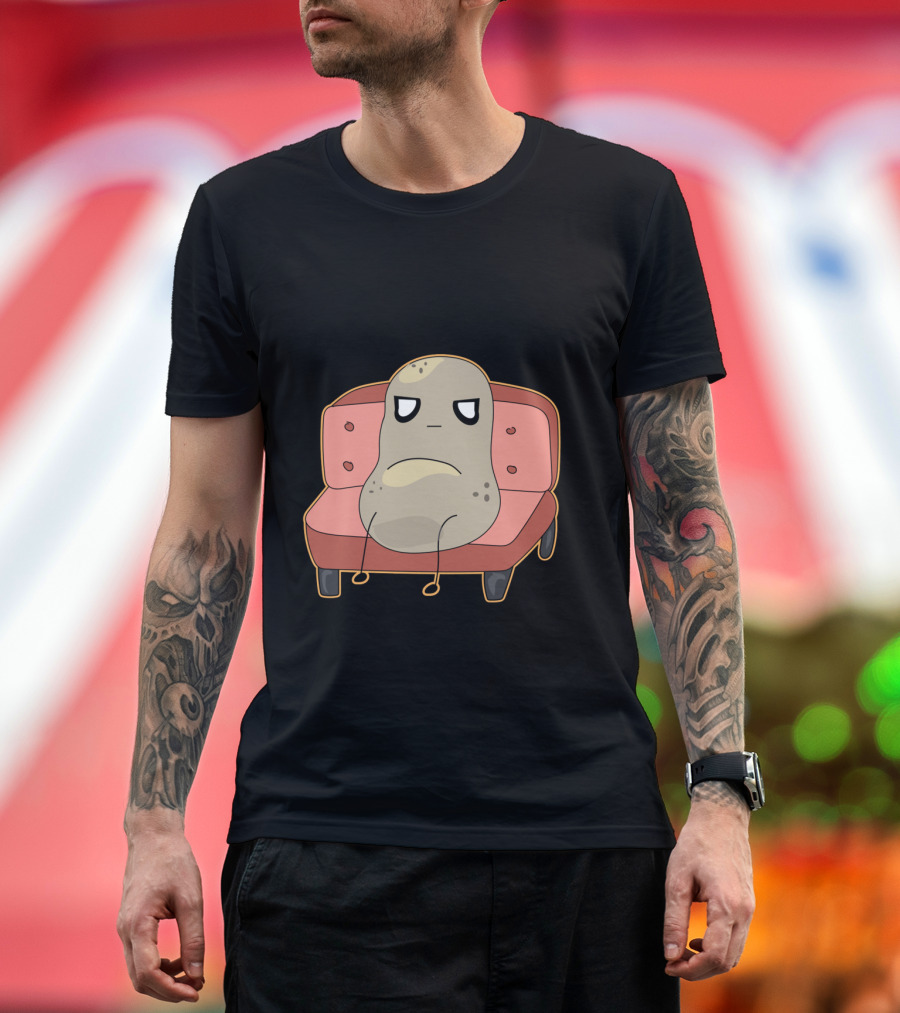 Couch Potato Cartoon Character on Sofa with Grumpy Expression T-Shirt