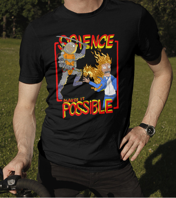 Science Makes It Possible Flaming Scientist And Robotic Samurai Battle T-Shirt
