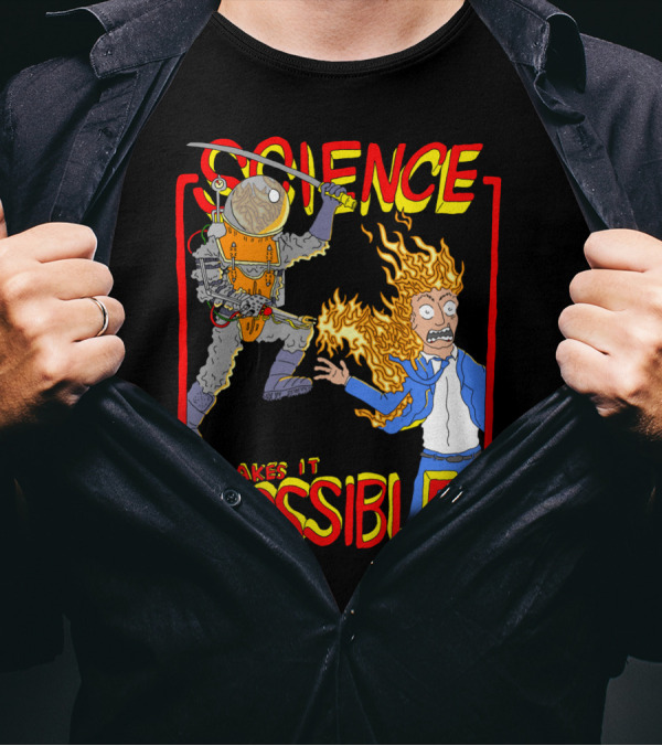 Science Makes It Possible Flaming Scientist And Robotic Samurai Battle T-Shirt
