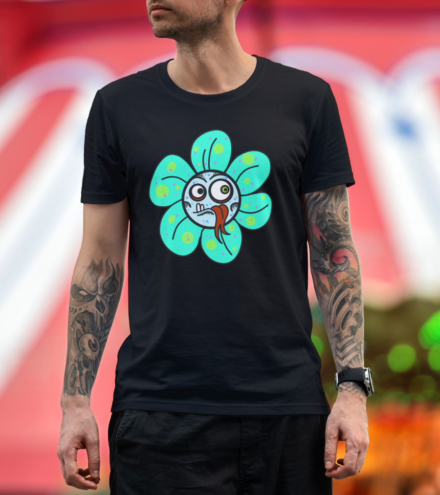 Stupid Flowers Cartoon Face with Silly Expression and Blue Green Petals T-Shirt