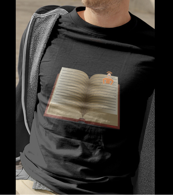 Open Book Lines With Orange Cartoon Robot Figure T-Shirt