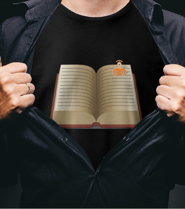 Open Book Lines With Orange Cartoon Robot Figure T-Shirt