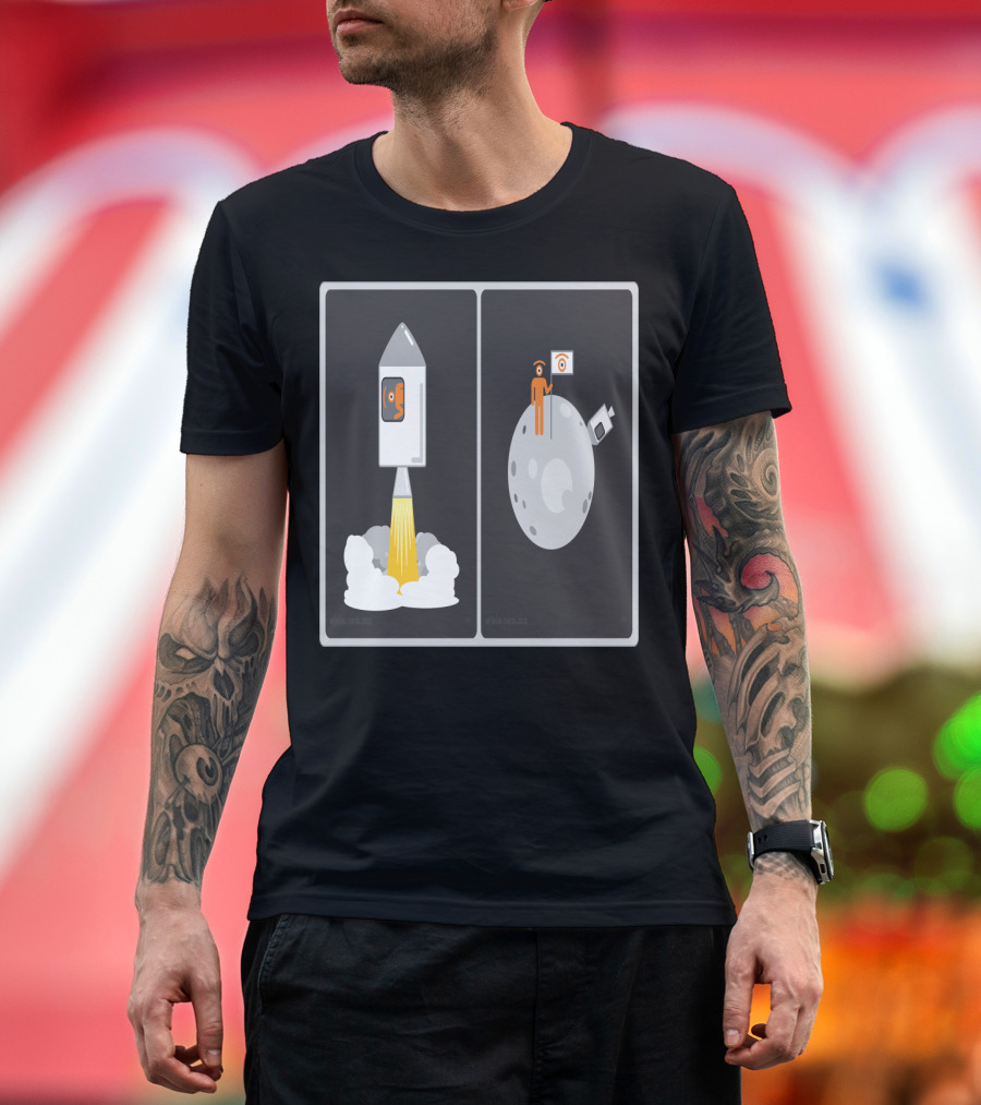Eye to the Moon Rocket Launch and Lunar Landing Art by Glennz T-Shirt