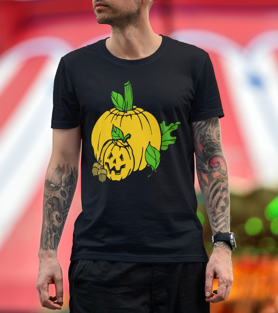 Pumpkins Colour Jack-O'-Lantern Leaves Acorns T-Shirt