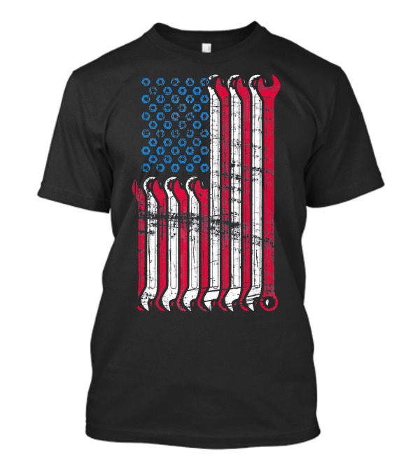 American Flag Mechanic Combination Wrench Design With Patriotic Colors And Textured Look T-Shirt