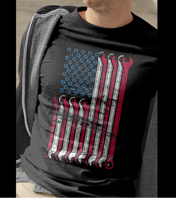 American Flag Mechanic Combination Wrench Design With Patriotic Colors And Textured Look T-Shirt