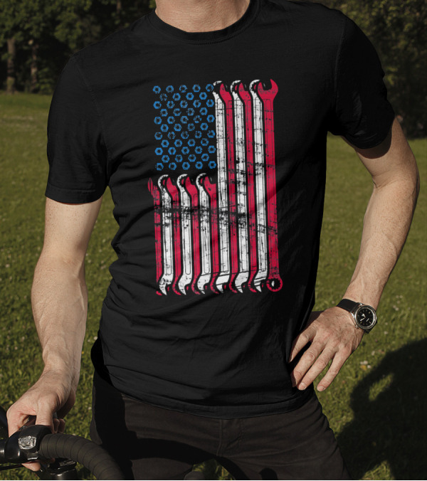 American Flag Mechanic Combination Wrench Design With Patriotic Colors And Textured Look T-Shirt