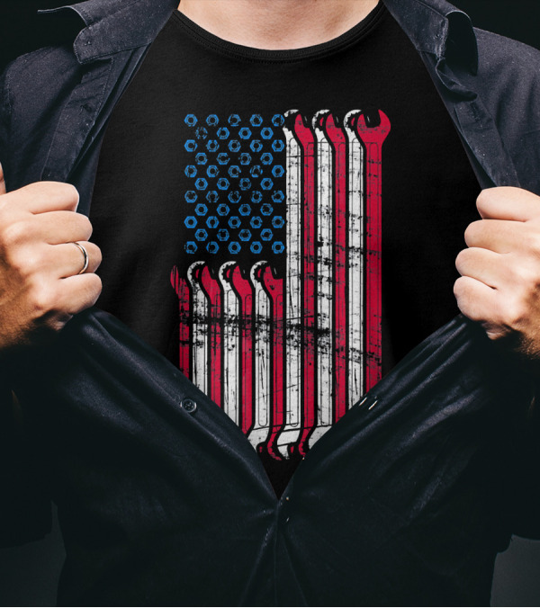 American Flag Mechanic Combination Wrench Design With Patriotic Colors And Textured Look T-Shirt