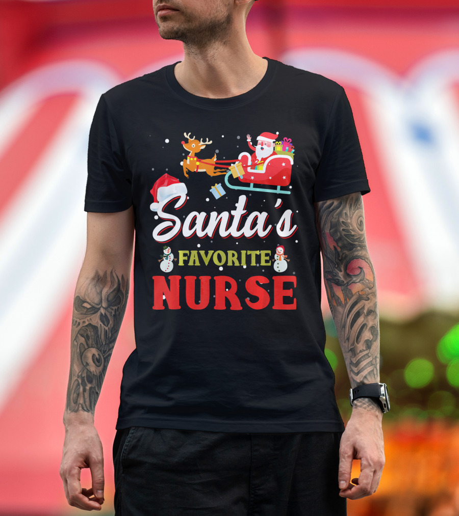 Santa's Favorite Nurse Christmas Santa Sleigh Reindeer Snowman T-Shirt