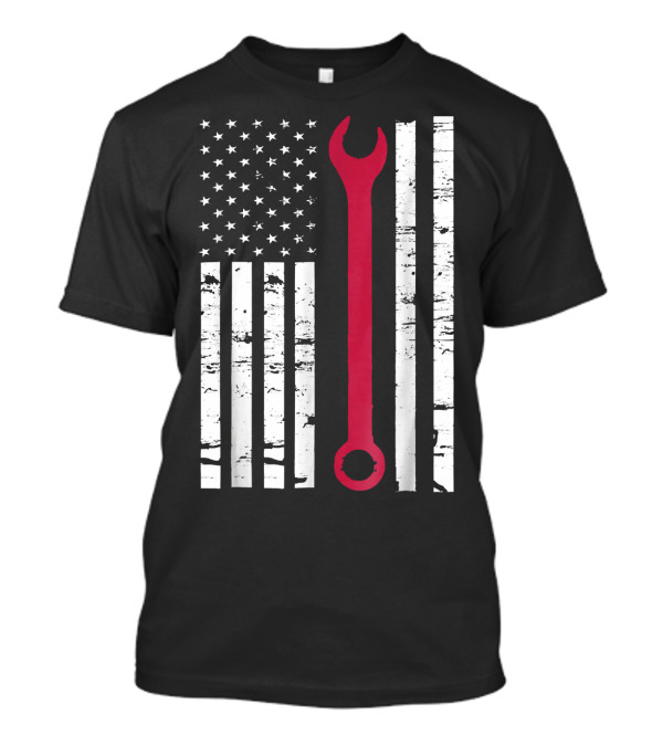 American Flag With Red Wrench Engineer Auto Mechanic T-Shirt