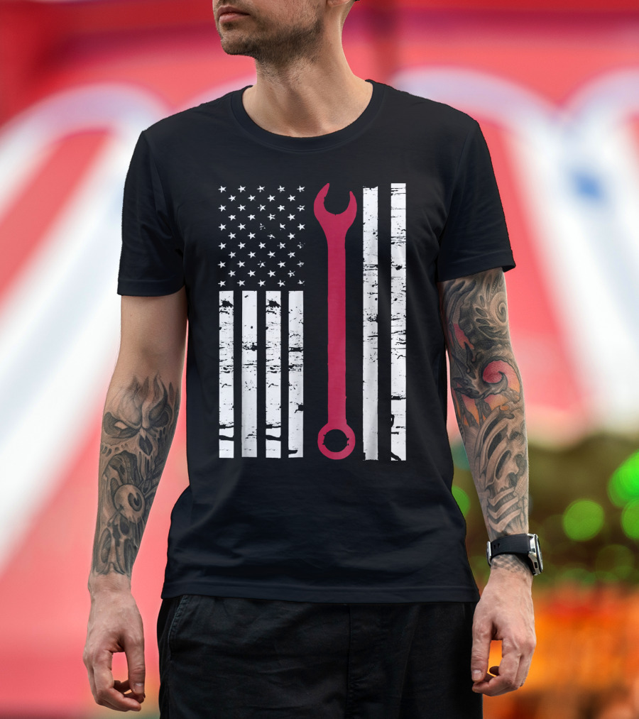 American Flag with Red Wrench Engineer Auto Mechanic T-Shirt