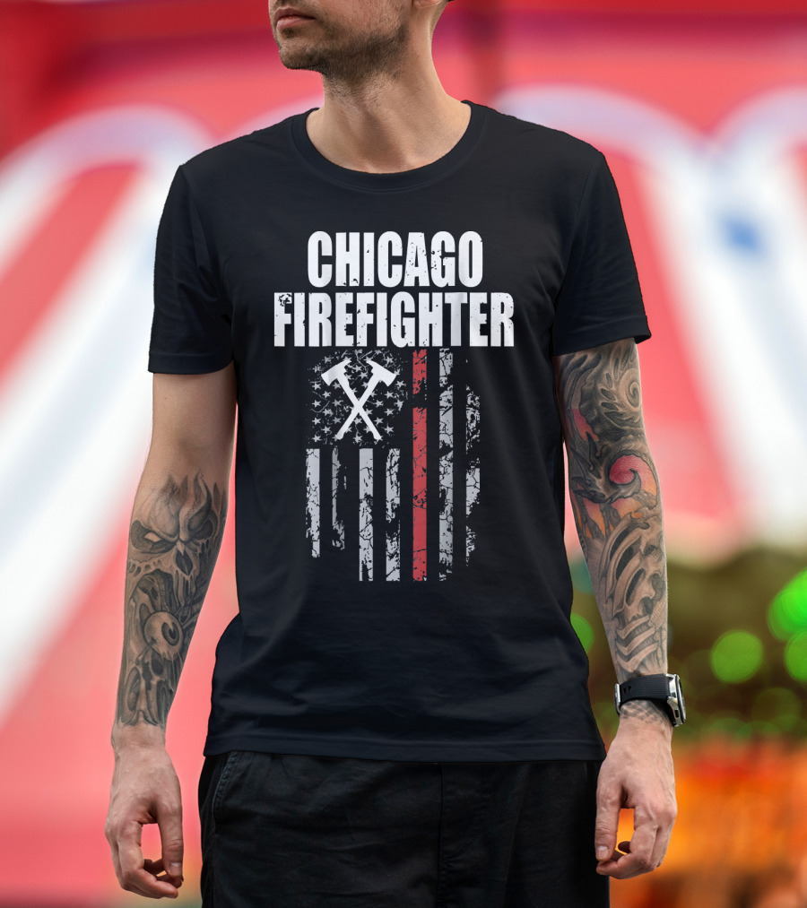Chicago Firefighter Flag with Crossed Axes and Thin Red Line T-Shirt