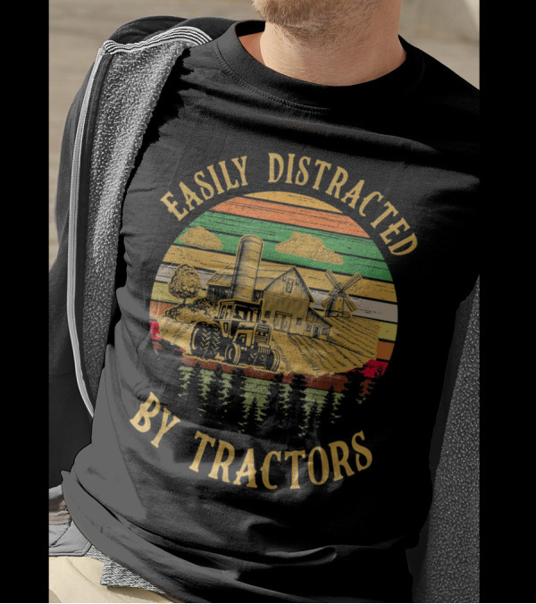 Easily Distracted By Tractors Farm Scene With Barn And Windmill T-Shirt