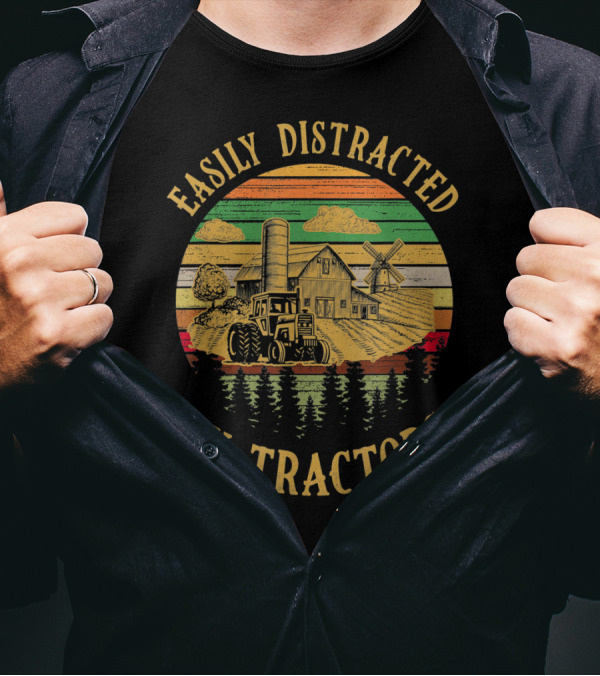 Easily Distracted By Tractors Farm Scene With Barn And Windmill T-Shirt