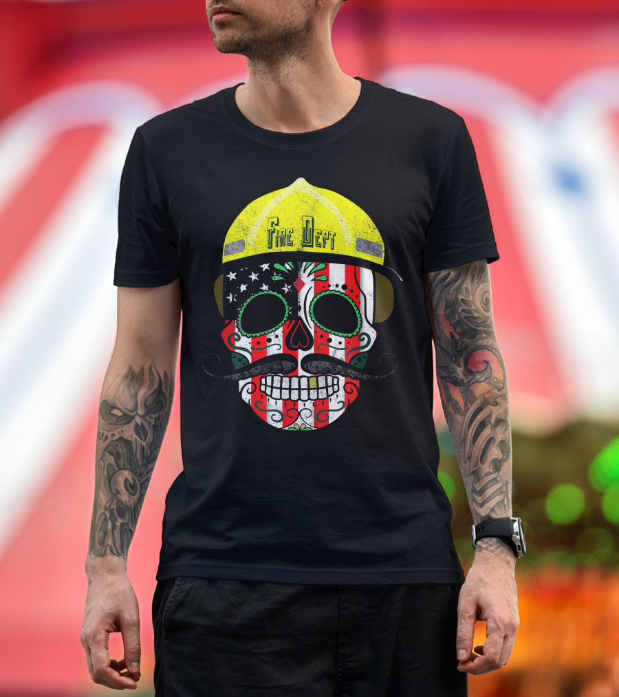 Dia De Los Muertos Day Of The Dead Firefighter Sugar Skull American Flag T-Shirt
