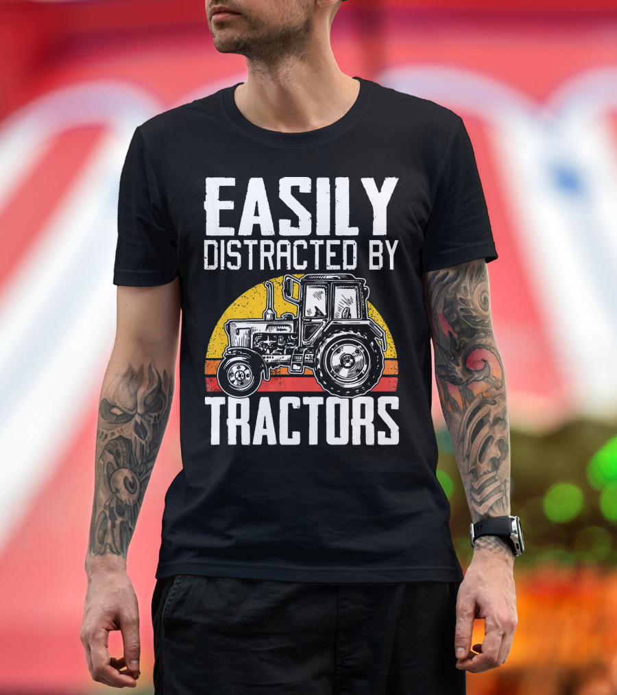 Easily Distracted By Tractors Retro Sunset Tractor T-Shirt