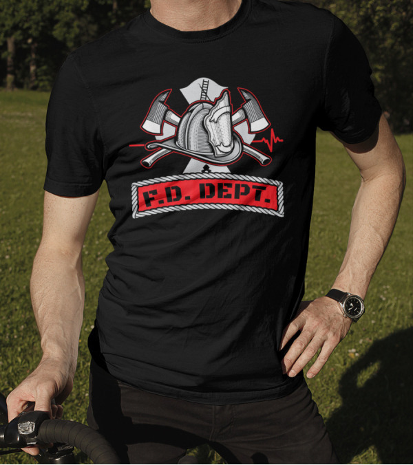F.D DEPT Firefighter Helmet Crossed Axes Heartbeat Badge T-Shirt