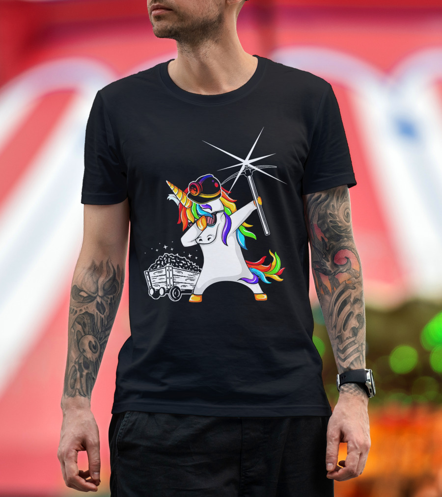 Coal Miner Rainbow Unicorn with Pickaxe and Coal Cart T-Shirt