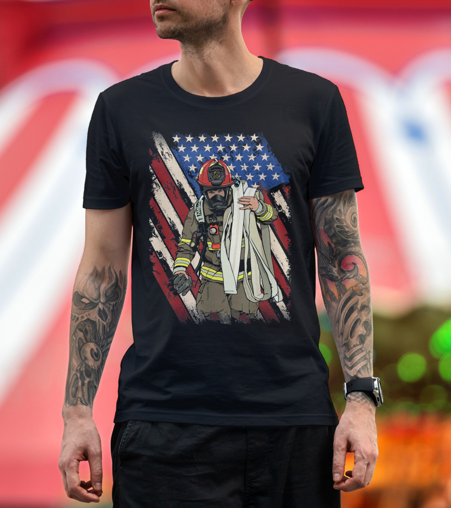 Firefighter with Hose American Flag Background Thin Red Line T-Shirt