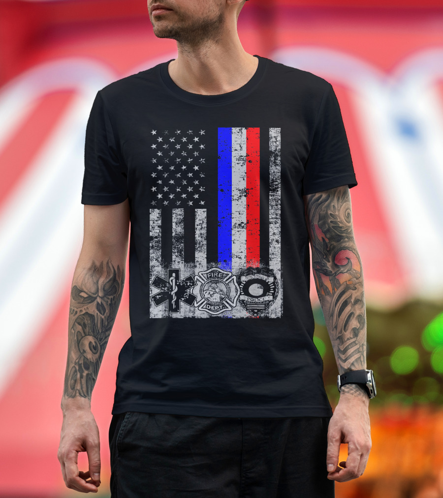 American Flag First Responder Fire Dept EMT Police Badge T-Shirt