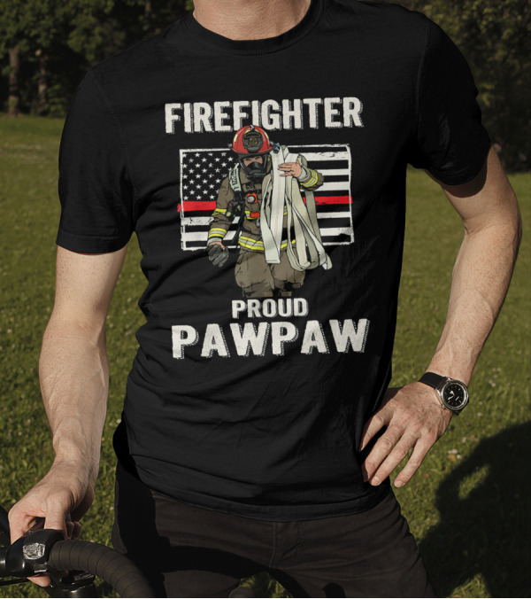 Firefighter Proud Pawpaw American Flag Thin Red Line T-Shirt
