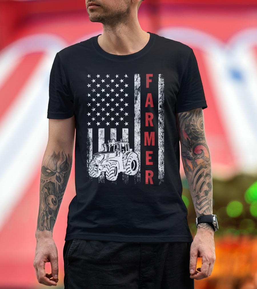 Patriotic Flag Tractor Farmer Funny Farming T-Shirt