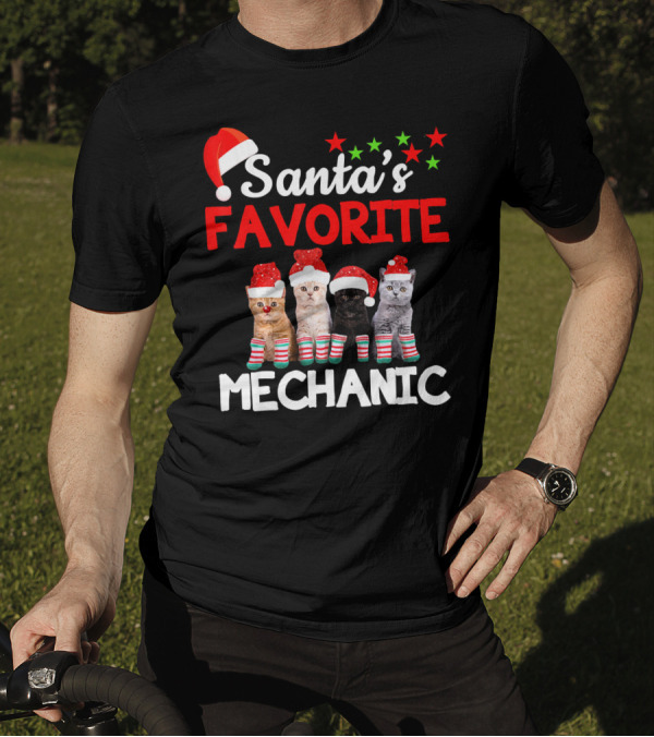 Santa's Favorite Mechanic Funny Cat With Santa Hat And Striped Socks T-Shirt
