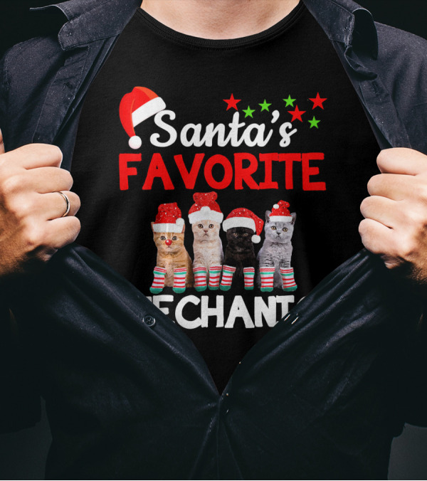 Santa's Favorite Mechanic Funny Cat With Santa Hat And Striped Socks T-Shirt