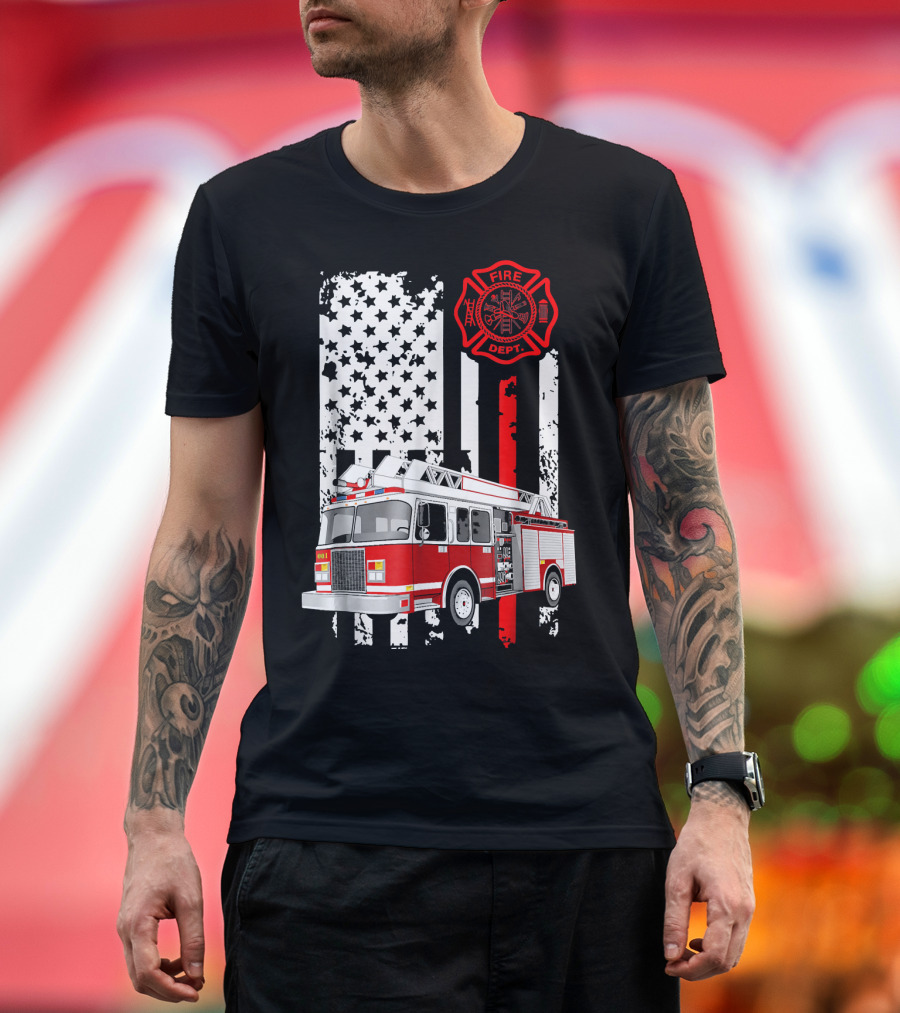 Fire Dept Firefighter American Flag Truck Proud T-Shirt