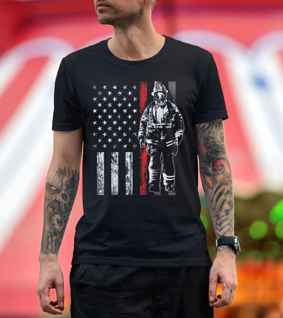 Fireman American Flag Thin Red Line Hero Valor T-Shirt