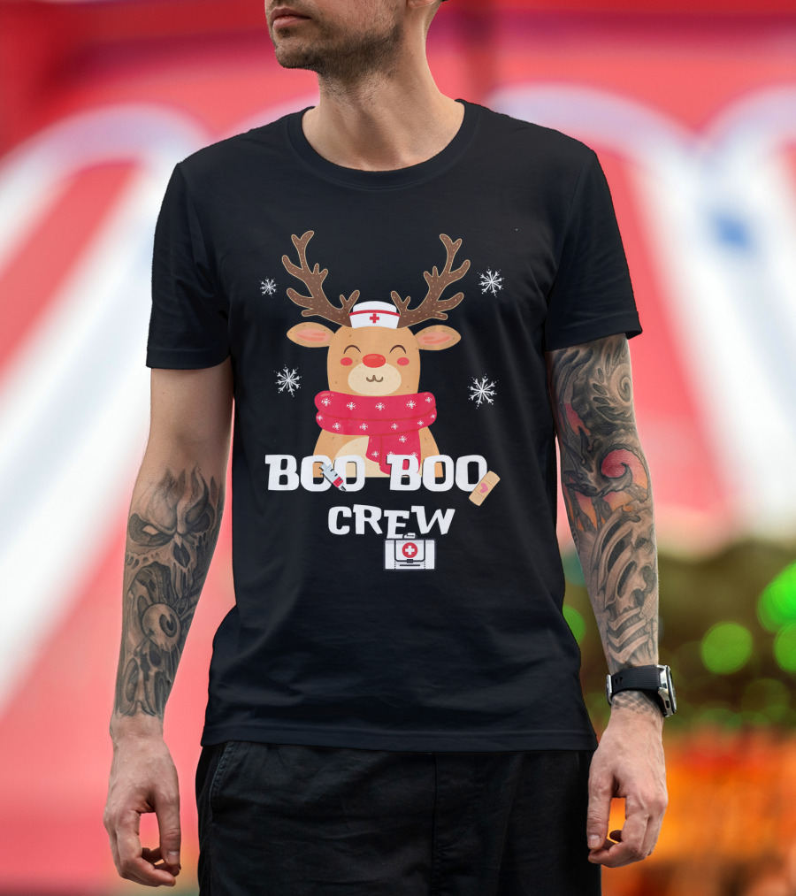Boo Boo Crew Cute Reindeer Nurse with Snowflakes and Bandages T-Shirt