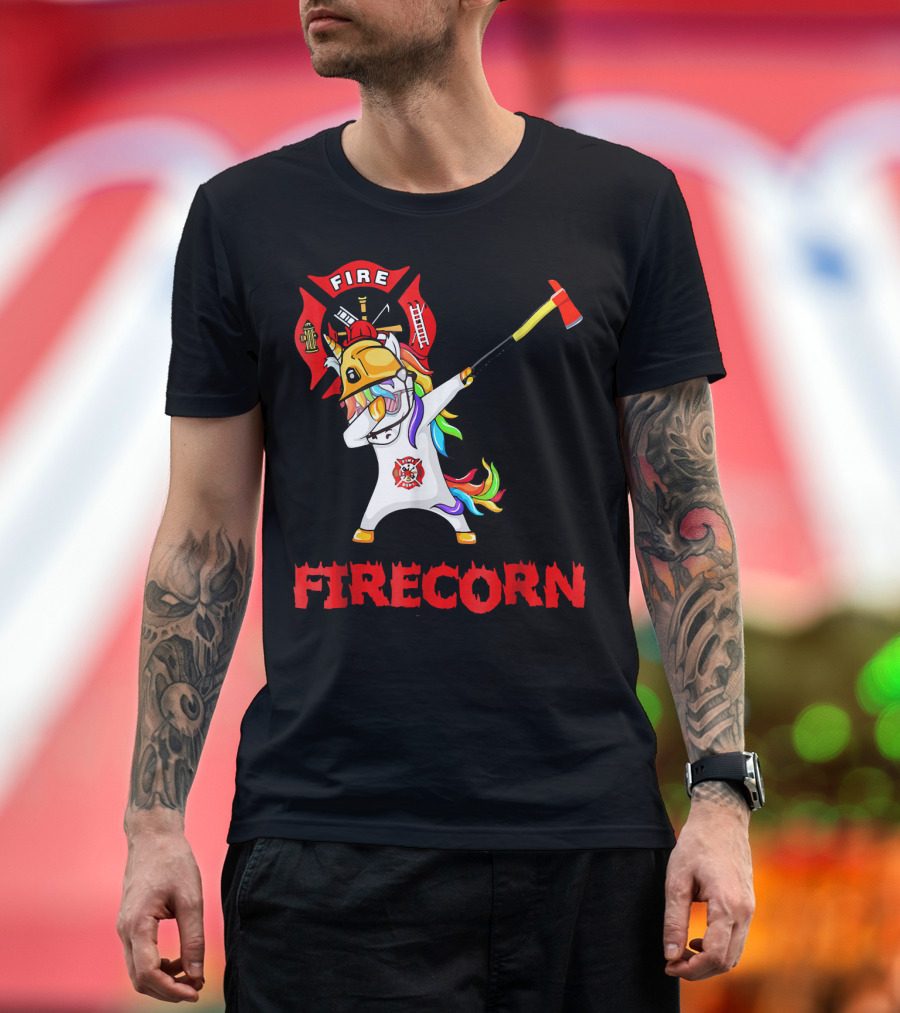 Firecorn Firefighter Unicorn Dabbing with Axe and Rainbow Mane T-Shirt