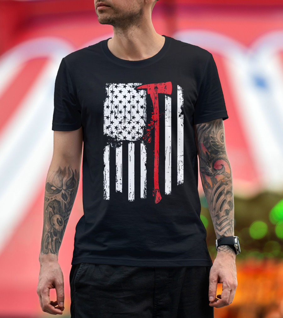 Fireman Axe Red Line American Flag with Distressed Grunge T-Shirt