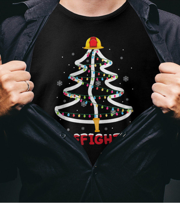 Firefighter Helmet Christmas Tree Light Snowflakes T-Shirt